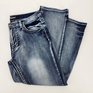 True Luck Mens Straight Leg Jeans 34x30 Medium Wash Thick Stitch Whiskered Denim